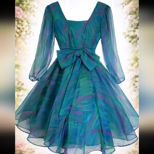 Dolman Couture Elegant Blue and Green Long Sleeve Cocktail Party Dress